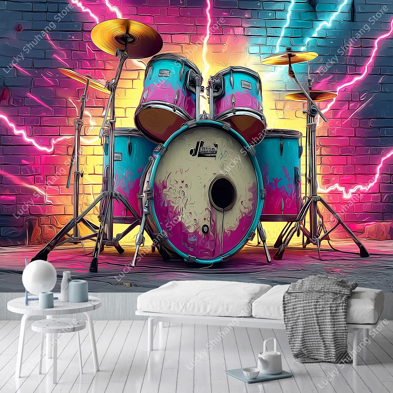 Vintage Style Drum Set Tapestry with Neon Pink Blue Lightning on Brick Wall Music Theme Bedroom Office Decor Wall Hanging