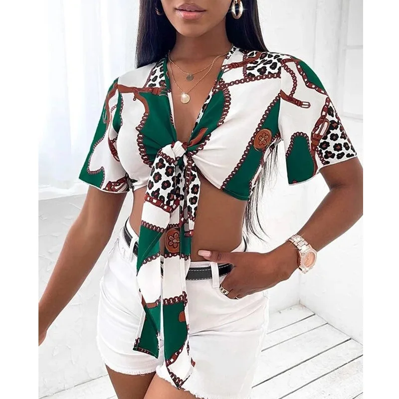 

Spot Goods European and American New Women's Shirt Bow Lace-up Shirt Summer Short-Sleeved Printed Top