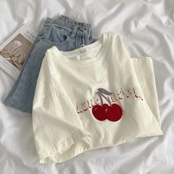 Korean Style Cherry Letter Flocking Embroidery T-Shirt Ladies Chic Short Drop Sleeve Tops Summer Thin Oversized Tees for 18-24Y