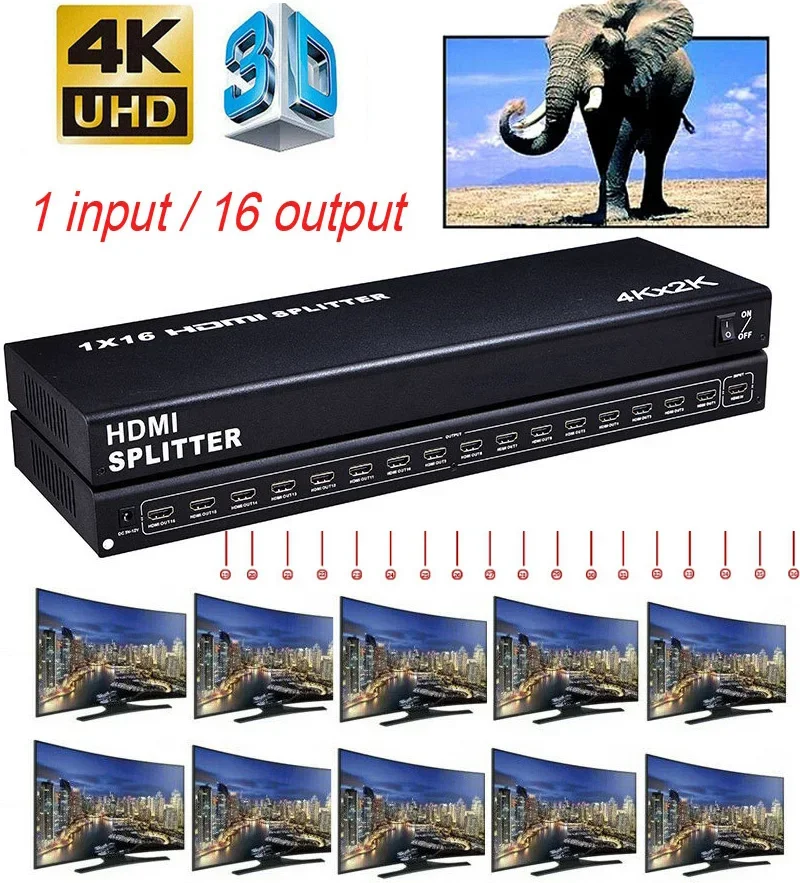 

4K 1x16 HDMI сплиттер, многоэкранный сплиттер, видео преобразователь, 1x1 0 4 6 8 10 12 16 Выход для PS3 PS4, камеры, ноутбука, ПК, ТВ монитора