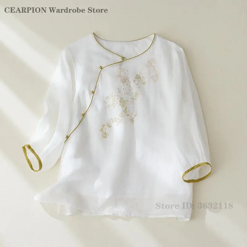 

Новая женская винтажная блузка-ципао в китайском стиле Тан, хлопковая, с коротким рукавом, свободного кроя, повседневная, в стиле Ханьфу/Чешонгам