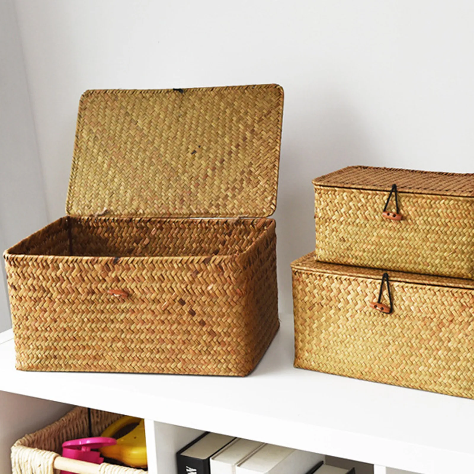 1PCS Wicker Storage Baskets Lids Rectangular Woven Shelf Baskets Rattan Storage Bins Laundry Hamper Magazine Basket Narrow