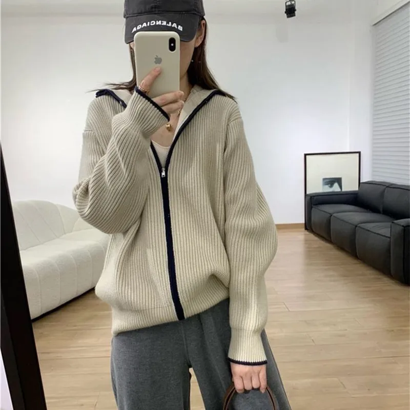 Cashmere sweater women's half high neck cardigan 100% wool knitted long sleeved jacket loose and soft sweater Korean fashion top