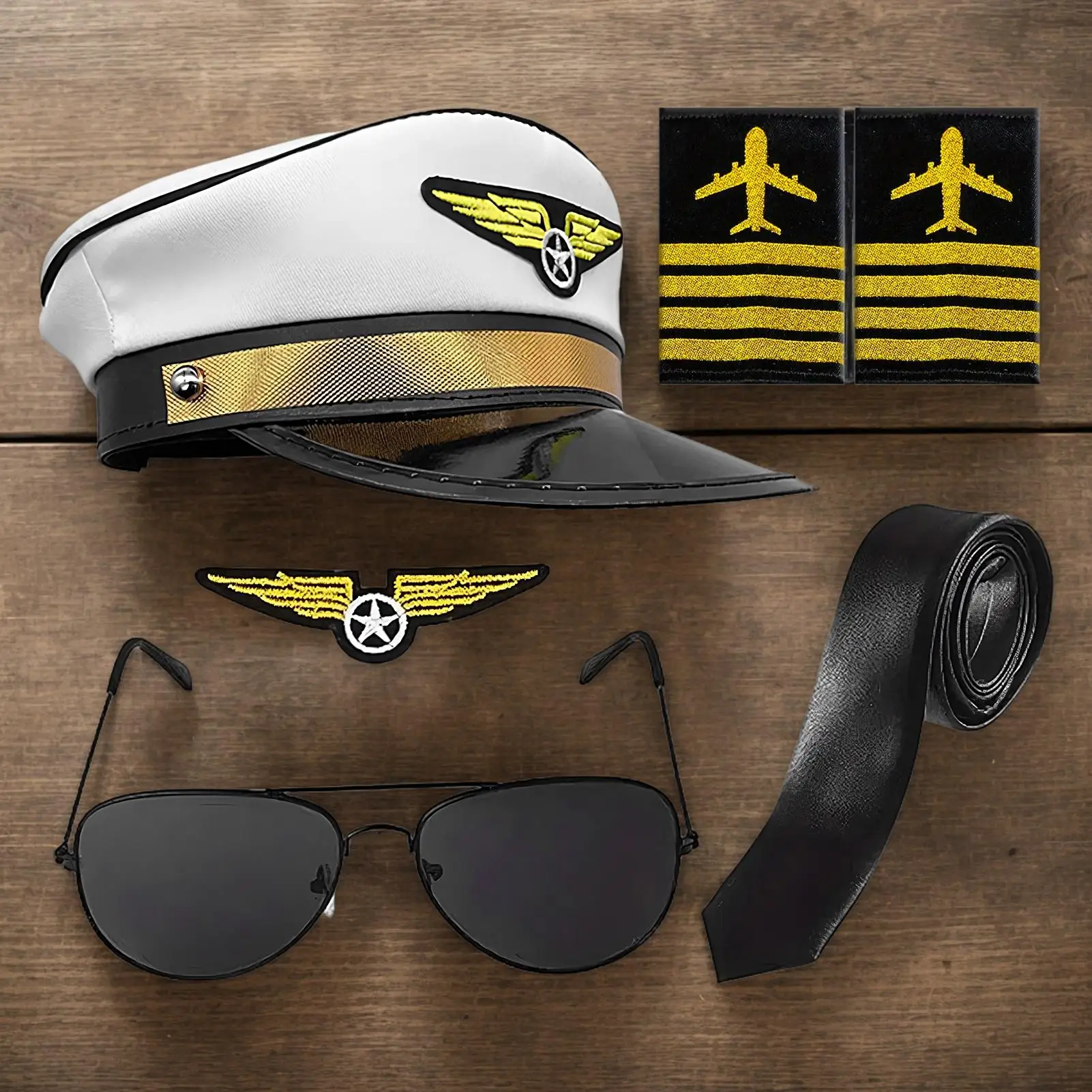 Pilot Captain Costume Set Pilot Hat Aviators Sunglasses Wing Patch Multiple Kits With Tie Epaulets Plane For Halloween Party - view 3