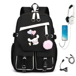 MINISO USB Girls Backpack Melody School Book Bags Kuromi Teen Women Men Travel Bags Laptop Headphone Port Mochila Gift