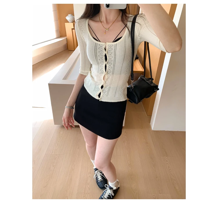 Women's Summer Elegant Single Breasted Three Quarter Sleeve Cardigan Lady Solid Color Slim Thin Cardigan