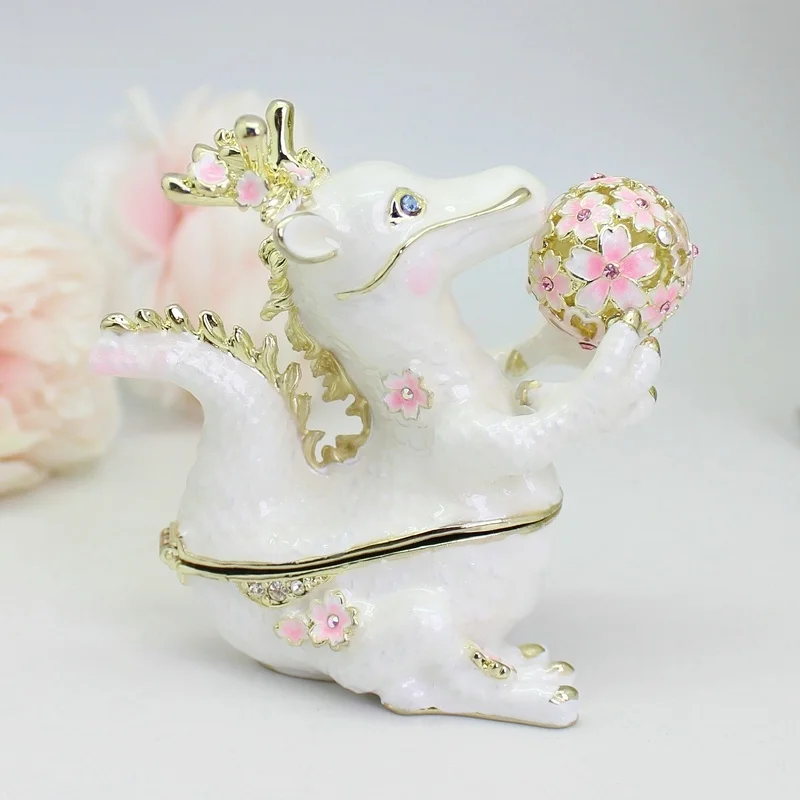 SHINNYGIFTS Hand Painted Dragon Trinket Box with Embroidered Ball for Home Decor Hinged Enamel Jewelry Box for Bookshelf Decor