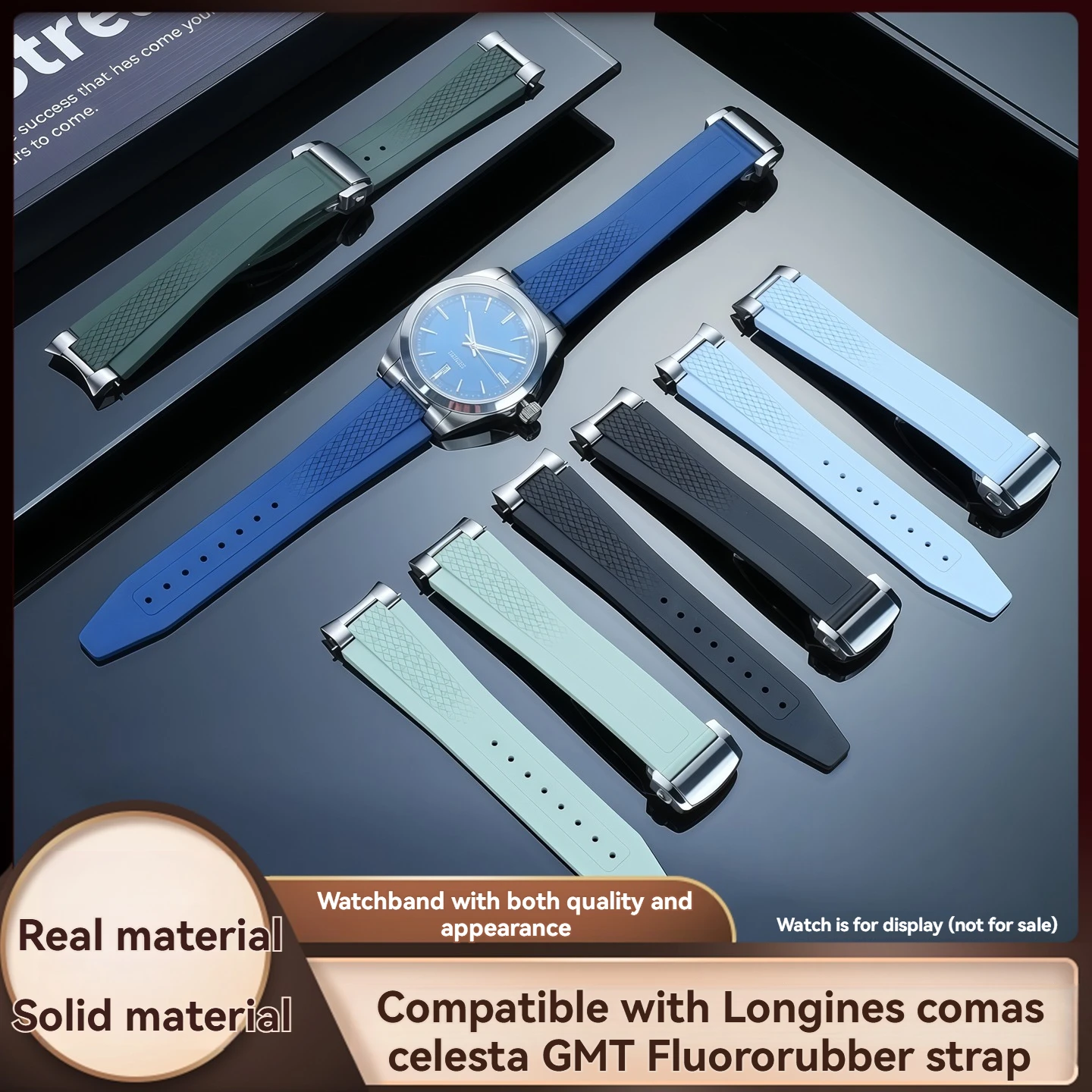 For Longines Conquest GMT L3.830 41mm Fluoroelastomer Strap with Steel End Pieces Panda Dial Watch Band Replacement Rubber Strap