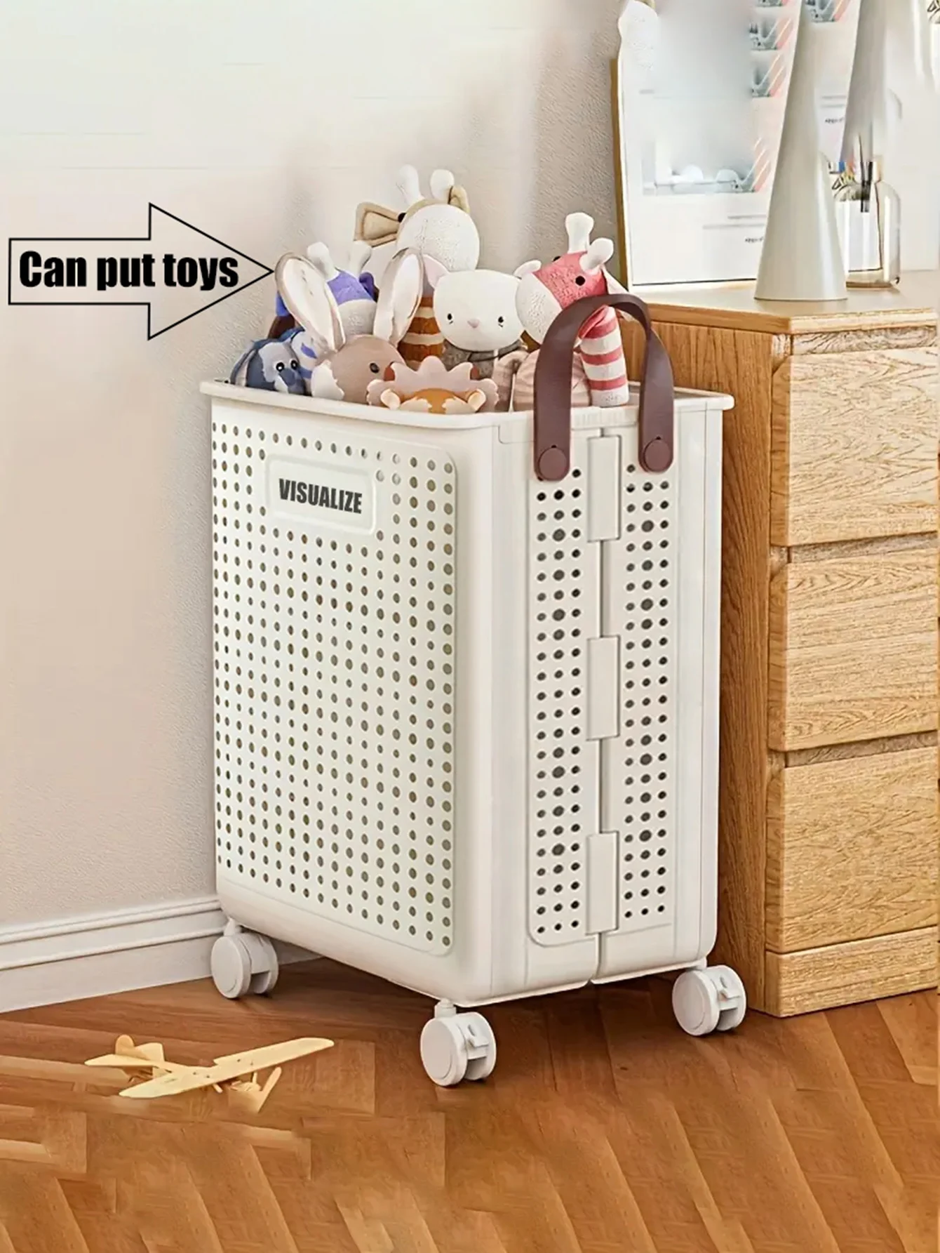 ตะกร้าเก็บของอเนกประสงค์แบบมีล้อพับได้ 1 ชิ้น ตะกร้าใส่ผ้าสกปรก เหมาะสำหรับจัดระเบียบห้องน้ำและระเบียง
