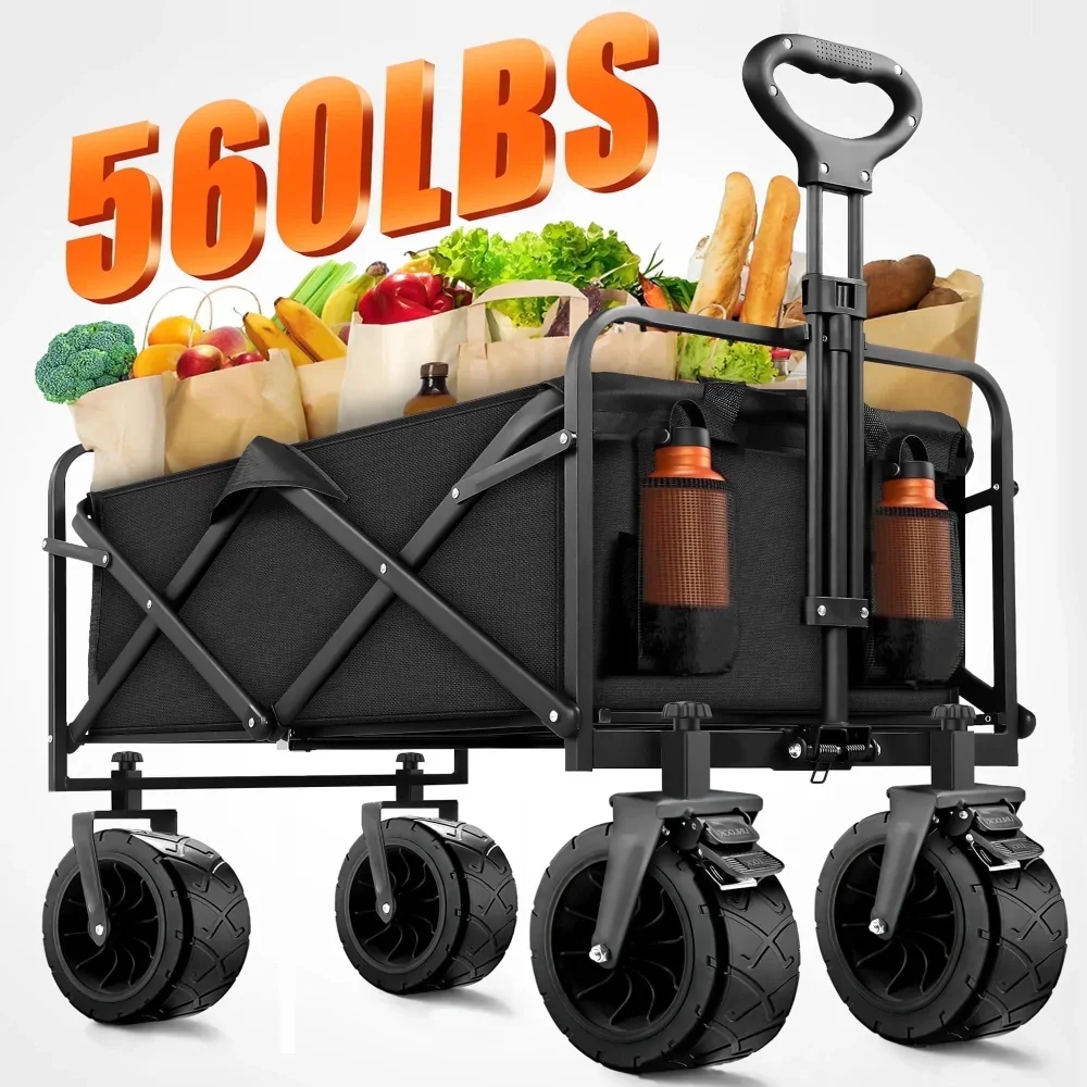 

Collapsible Folding Wagon Cart, 560lbs Heavy Duty Garden Wagon, 155L Large Capacity Utility Foldable Beach Cart with All-Terrain