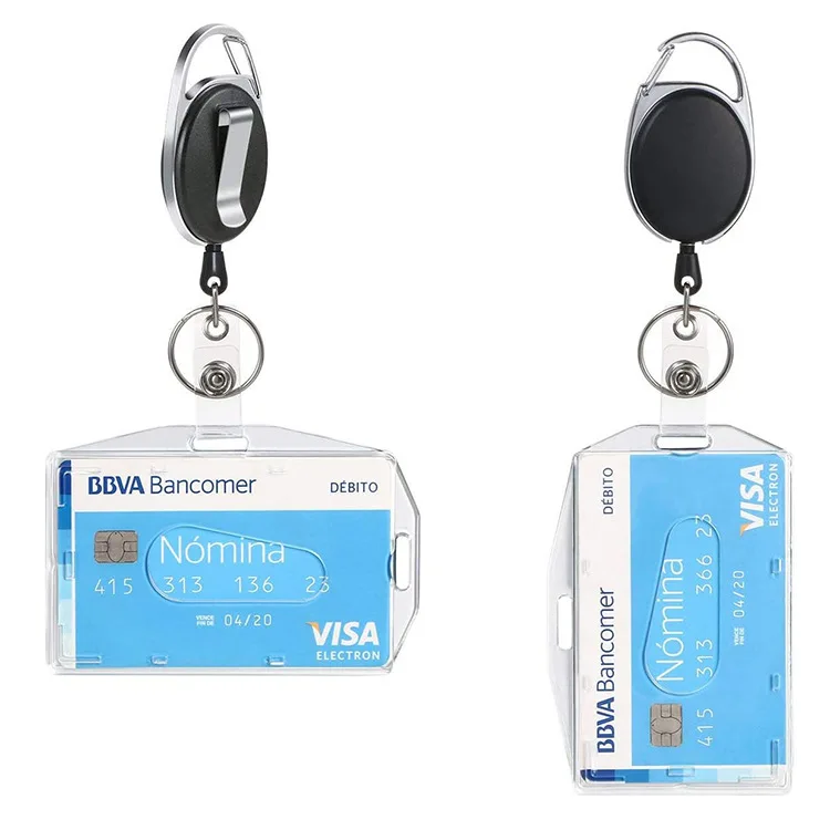 Retractable Badge Reel with Clear ID Holder, Pull Keychain Lanyard for Work Access Card, Hard Plastic Protector Cover