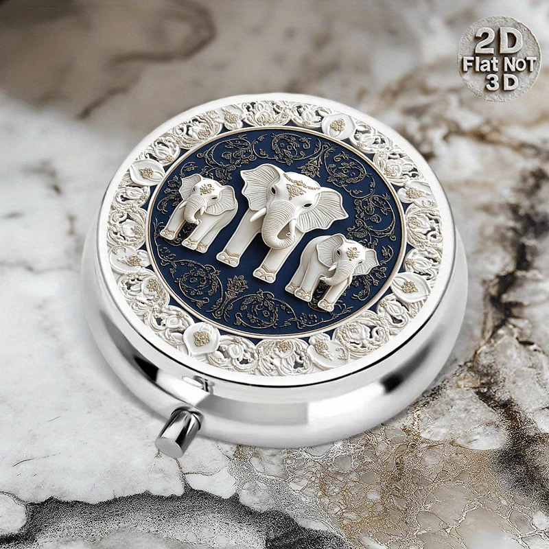 A flat, portable, round, three-compartment metal pill organizer, in navy blue and silver mandala-style elephant pattern, suitable for daily medication management. This stylish storage box is perfect for storing vitamins and is a multifunctional storage accessory