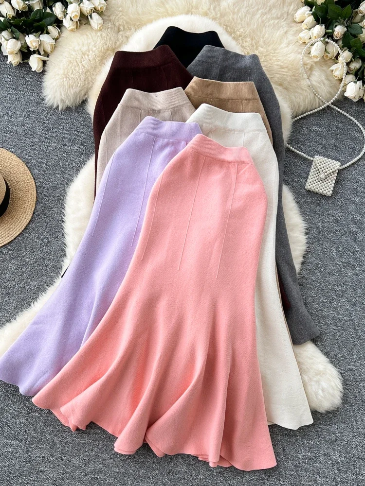 women casual elegant street party knit half skirt winter new elastic waist high waist slim ruffle edge fishtail skirt for women