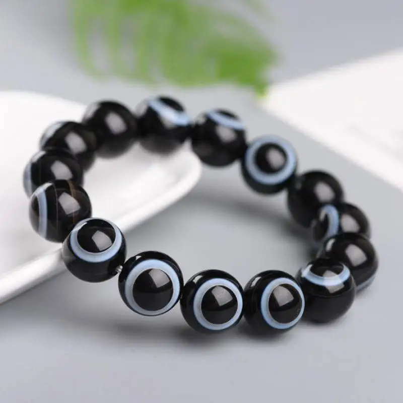 Tibetan Buddhism Dzi Beads Bracelet Fengshui Agate Healing Bangle Men Women Black Jades Stone One Eye Dzi Bead Amulet Bracelets