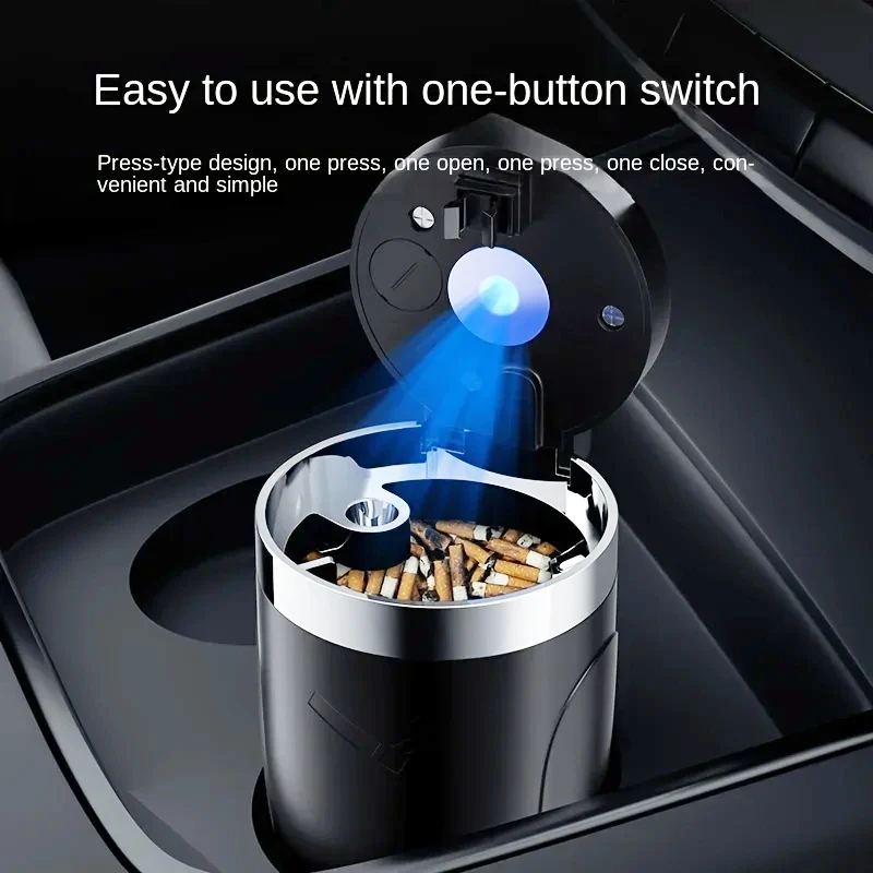 One Click Opening of Car Ashtray with Metal Lining and LED Light Push Type Splash Proof Light, Car Ashtray, Automotive Supplies