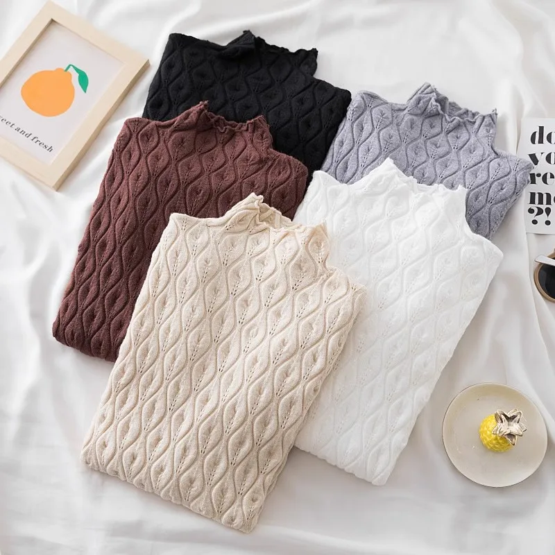 Hollow Out Wave Half High Collar Soft Slim Pullover Knitted Women's Sweater Korean Fashion Autumn Winter Female Sweater Tops