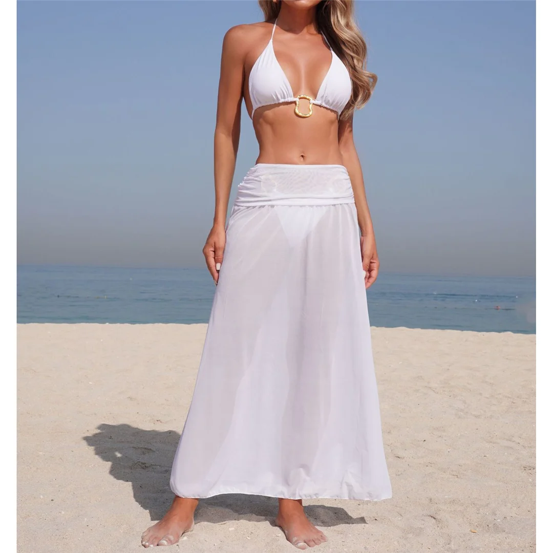 Mit Rock, Neckholder, Metallring, Bikini, Damen-Badebekleidung, Damen-Badeanzug, dreiteiliges Bikini-Set, gepolsterter Badeanzug, Badeanzug, Schwimmanzug V7068 – Detail 3