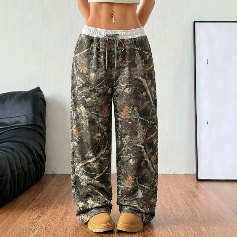 

Женские модные брюки GUWU в стиле ретро с камуфляжным принтом «Ветви дерева», женские повседневные брюки с высокой талией и завязками
