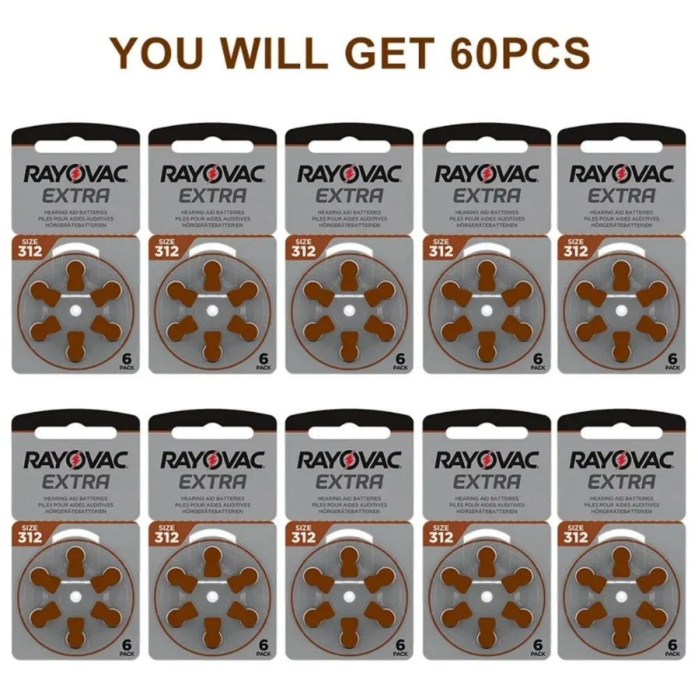 60PCS/10 Cards Rayovac Extra 1.45V 312 A312 312A ZA312 PR41 Zinc Air Hearing Aid Batteries