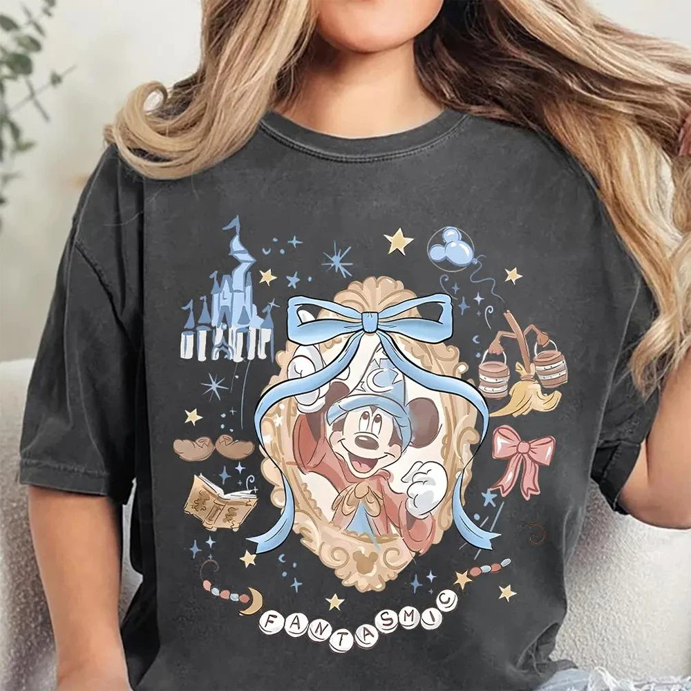 2025 صيف جديد ريترو مريح اللون قصيرة الأكمام تي شيرت للنساء هالوين ماجيك المملكة ميكي شبكة تنفس #2