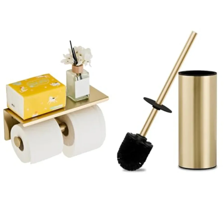 

Brushed Gold Toilet Brush Holder Set and Double Toilet Paper Holder with Shelf