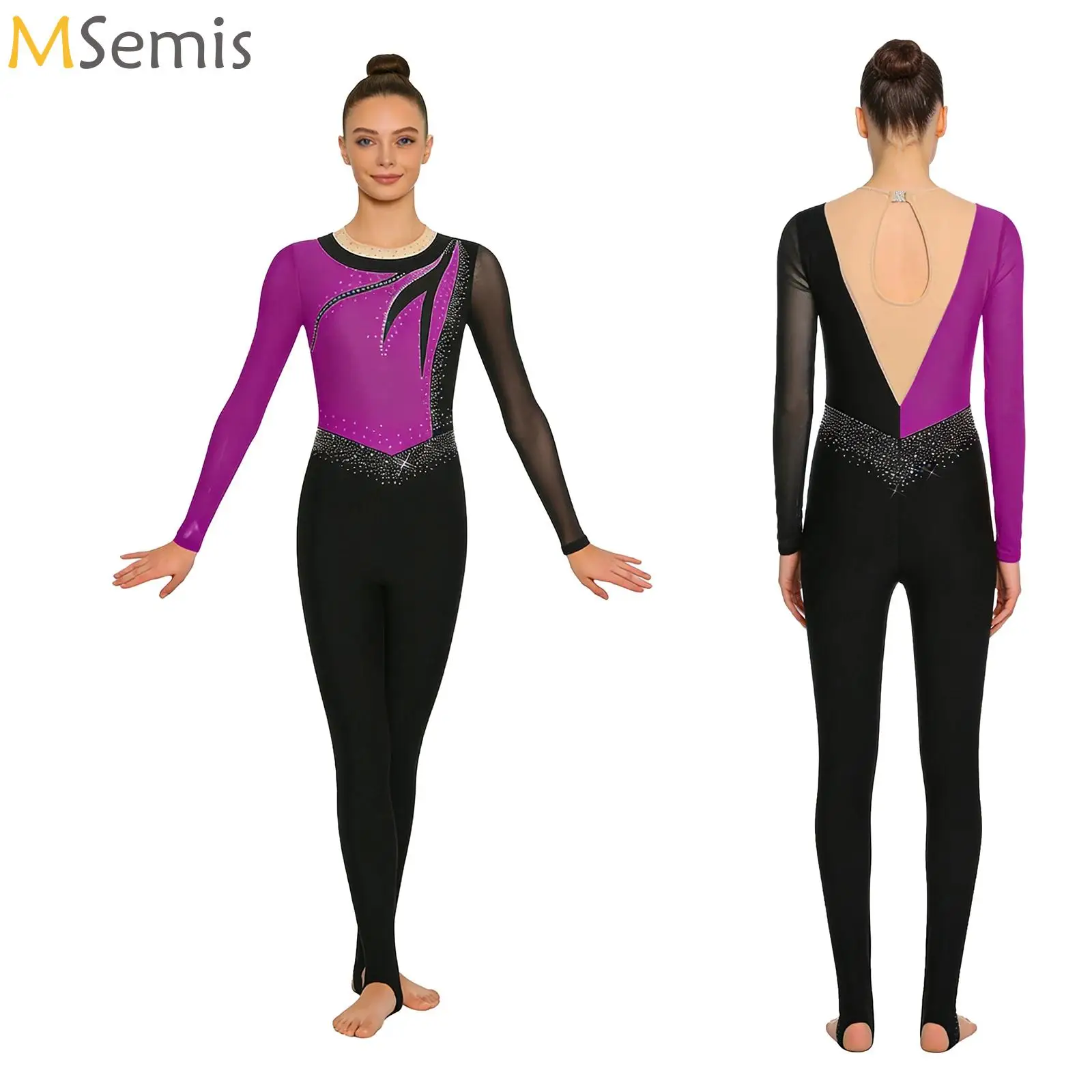 

Women Gymnastics Unitard Rompers Shiny Rhinestone Mesh Long Sleeve Stirrup Leggings Bodysuit Jumpsuit for Figure Skating Dancing