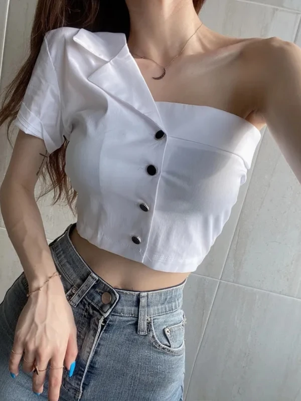 ฤดูร้อนไหล่ไม่สม่ําเสมอผู้หญิง ort irt Pure Desire การออกแบบปุ่มเดียวเกาหลี Sle Slim Fit ไม่มียี่ห้อเดินทางลม