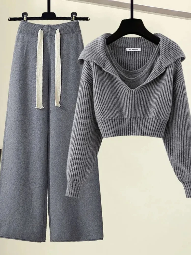 Korean 3 Piece Sets Soft Short Pullover Vest Ensemble High Waist Wide Leg Pant Suits Solid Color Knitted Spring Outfit ZL847