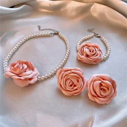 FYUAN Sweet Pink Rose Imitation Pearl Necklace Flower Cloth Flower Earrings Bracelet Party Bridal Jewelry Sets