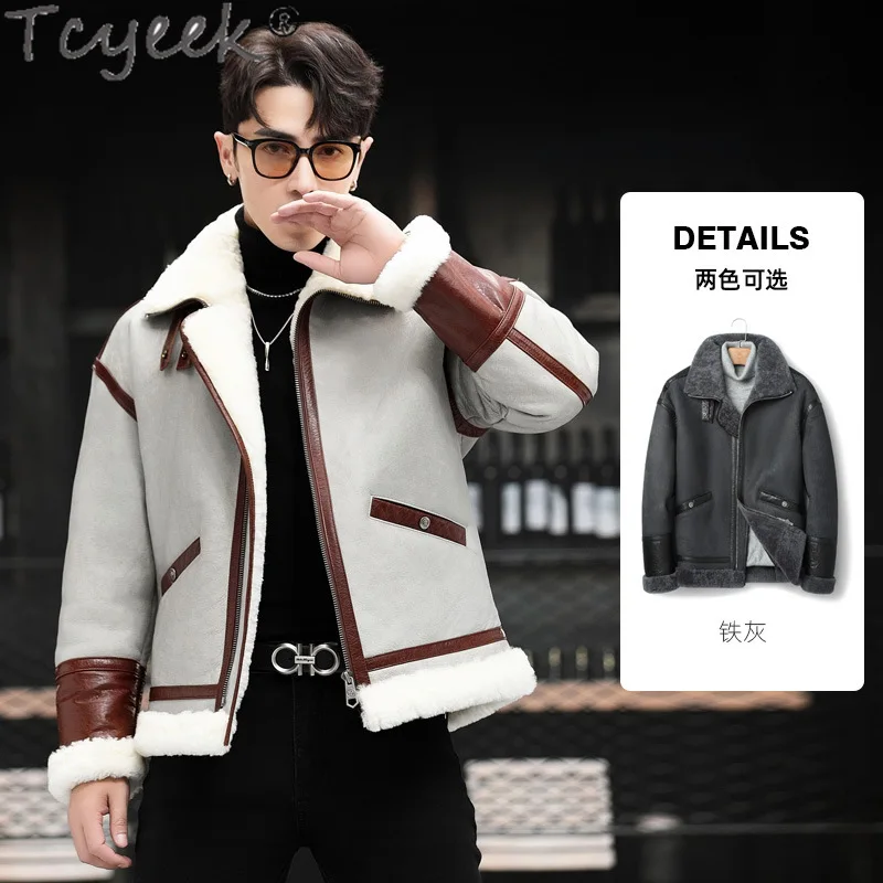 Tcyeek Genuine Leather Jacket Men Winter Jacket Natural Sheepskin Coat for Man Clothes Streetwear Wool Real Fur Coats Cold-proof