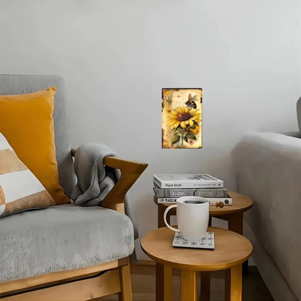 Skillfully Crafted Metal Decor. Old - fashioned Sunflower and Bee Plaque, Great for Beautifying Rooms, Homes, and Bars