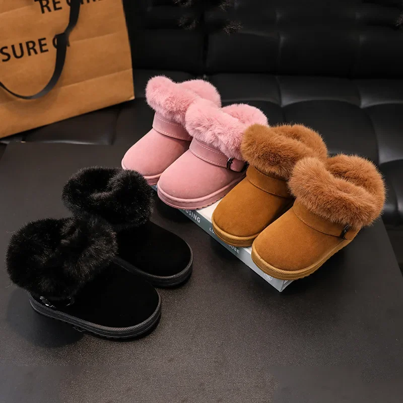 Kids Plush Snow Boots New 2024 Winter Baby Soft Warm Cotton Shoes Boys Girls Buckle Belt Fur Suede Boots Princess Ankle Boots