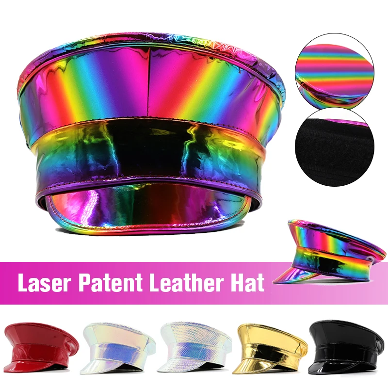 

Women Men PU Leather Captain Cap Rainbow Laser Patent Leather Military Hat Prom Performance Bar Cosplay Show Hat Beret Cap