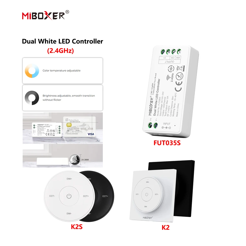MiBoxer DC12~24V FUT035S+K2/K2S 86 2.4GHzRF Wireless Dual White 12A/Channel LED Controller For CCT COB/Led Strip Light