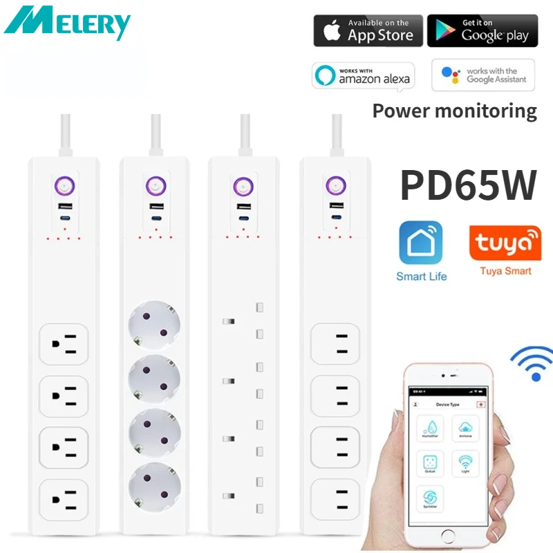 Melery-regleta de Alimentación inteligente con Wifi, PD65W enchufe eléctrico, USB tipo C, monitoreo, Alexa, Google Home, Tuya, UE/EE. UU./Reino Unido