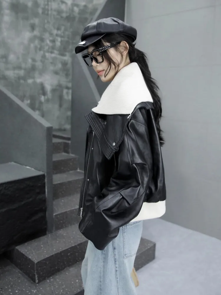 جديد مصمم المرأة التلبيب طوق فضفاضة تناسب جلد الغنم سترة جلدية حقيقية ملابس الشارع الشهير أبلى معطف تقسم Bomber جاكيتات