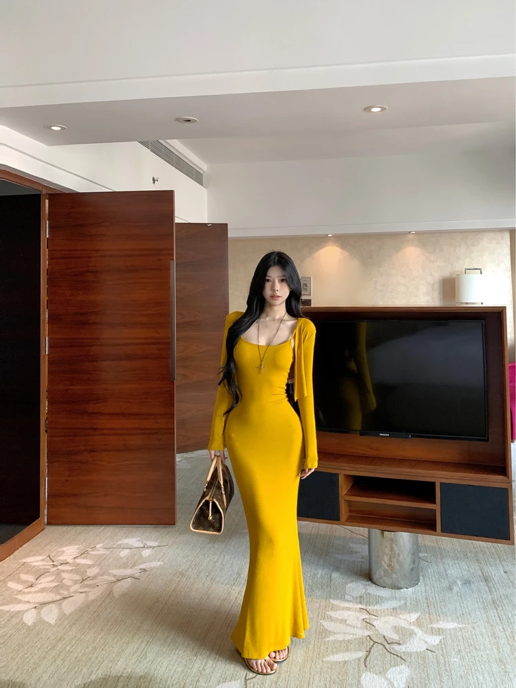 

Yellow Long Sleeve Open Cardigan Top Women's Spring Outfit Set Strap Dress Bodycon Fish Tail Long Skirt Two Piece Set