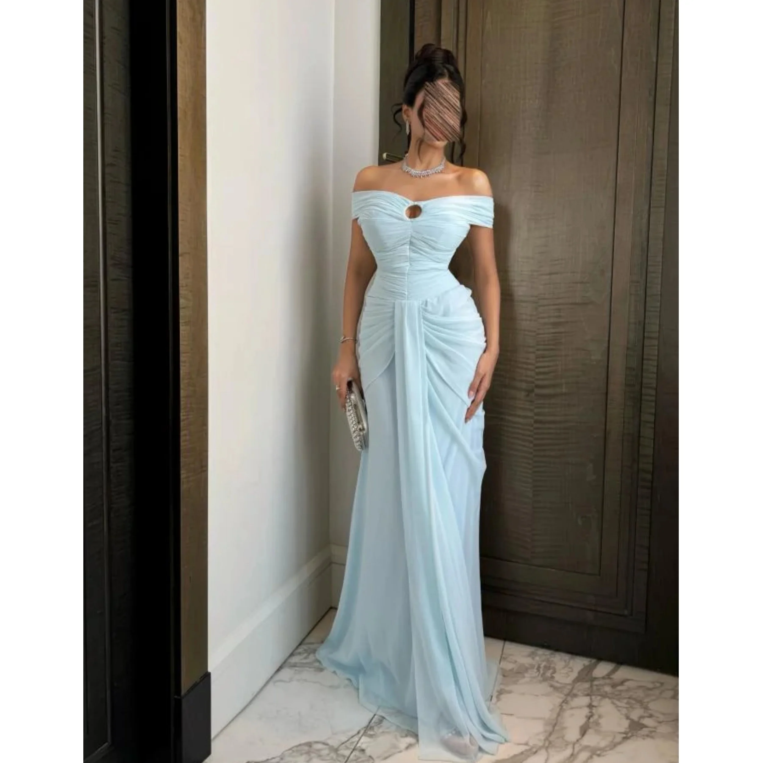 Vestidos de Noche de sirena azul claro para mujer, Vestido de Noche sin mangas de gasa con hombros descubiertos, vestidos de graduación plisados personalizados