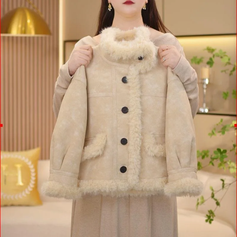 

2025 Autumn New Girls Faux Fur Puffer Coat Korean Fashion Casual Plush-Lined Winter Jacket Furry Coat for 5-16Y Kids