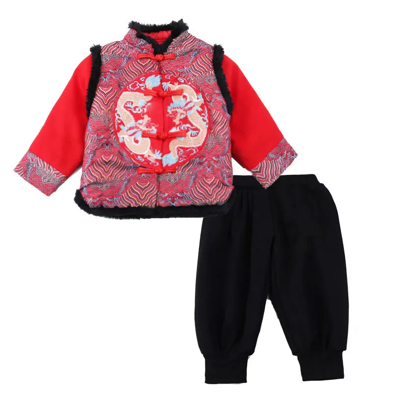 Conjunto de roupas Hanfu Tang estilo chinês para menino, roupa bordada vintage, camisa e Calça com botão infantil, traje de ano novo, 2 peças