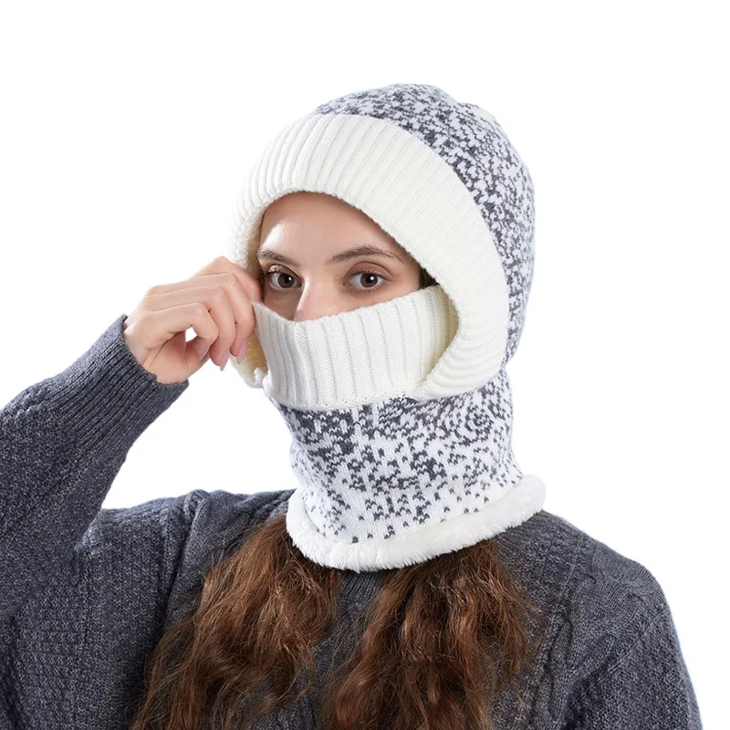 Women's 3-in-1 Fleece Lined Balaclava Winter Knit Hood with Face Mask Ear Flaps for Outdoor Cold Weather Cycling and Skiing