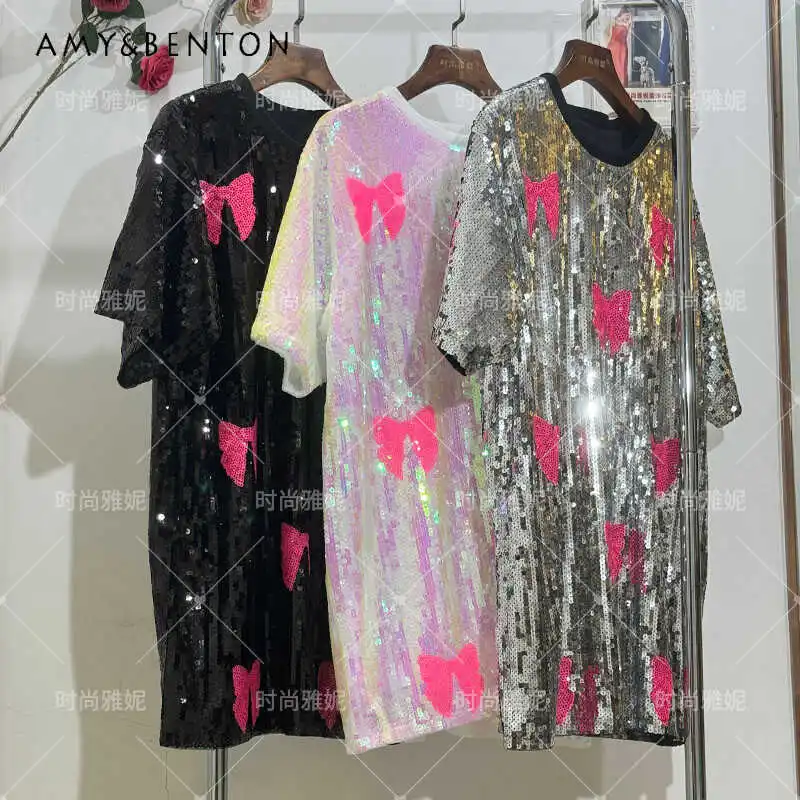 

2024 Autumn New Long T-shirts Sequined Socialite Tees Dress Sequined Women's Performance Wear Oversized Loose Top Kawaii Clothes