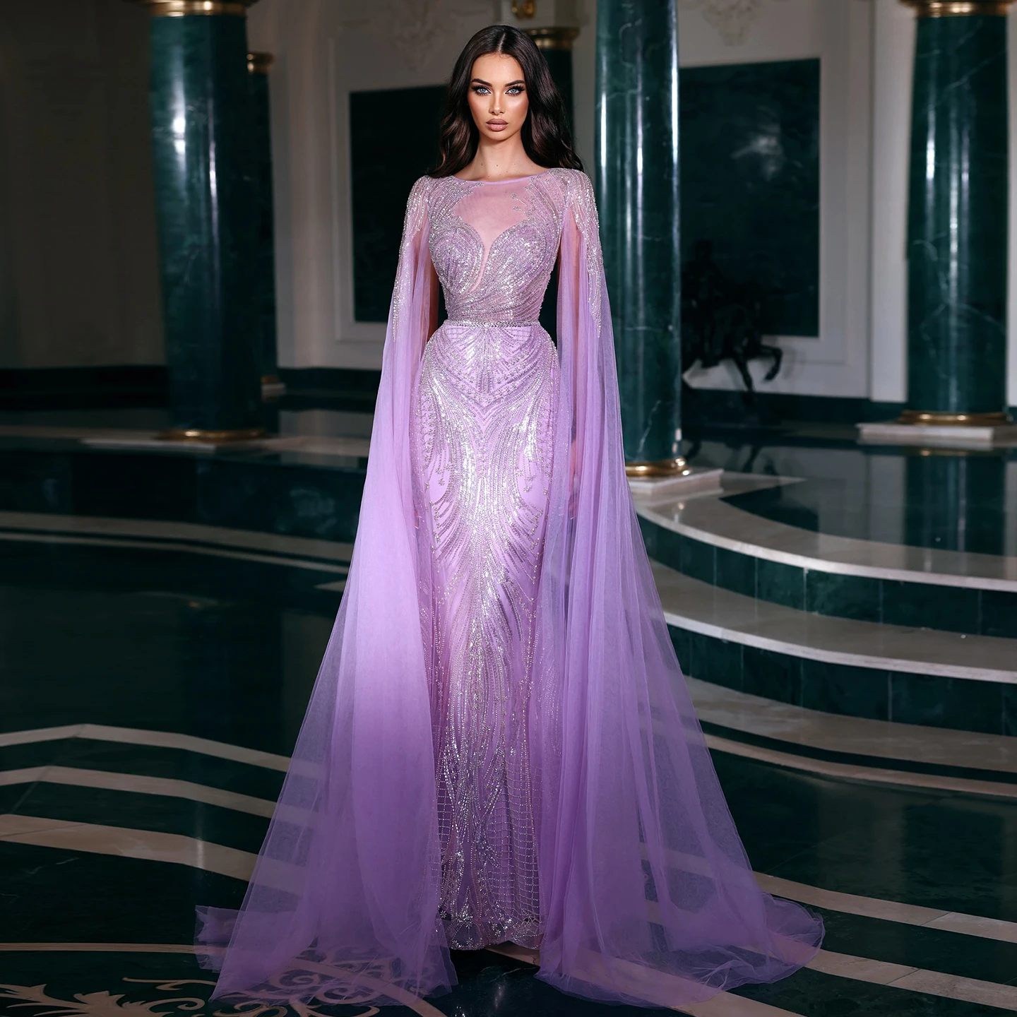 

Sharon Said Luxury Dubai Lilac Mermaid Evening Dress with Cape Sleeves Plus Size for Women Wedding Party Gowns SS049 Customized