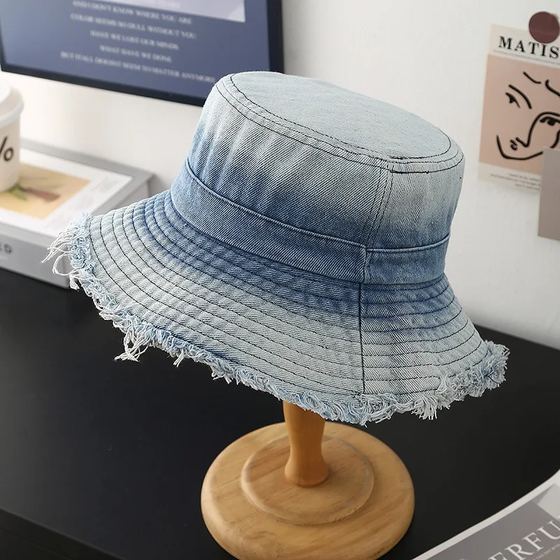 

Gradient Distressed Denim Bucket Hat, Outdoor Travel Fisherman Style with Frayed Edge Detailerfect for Spring/Summer Collection