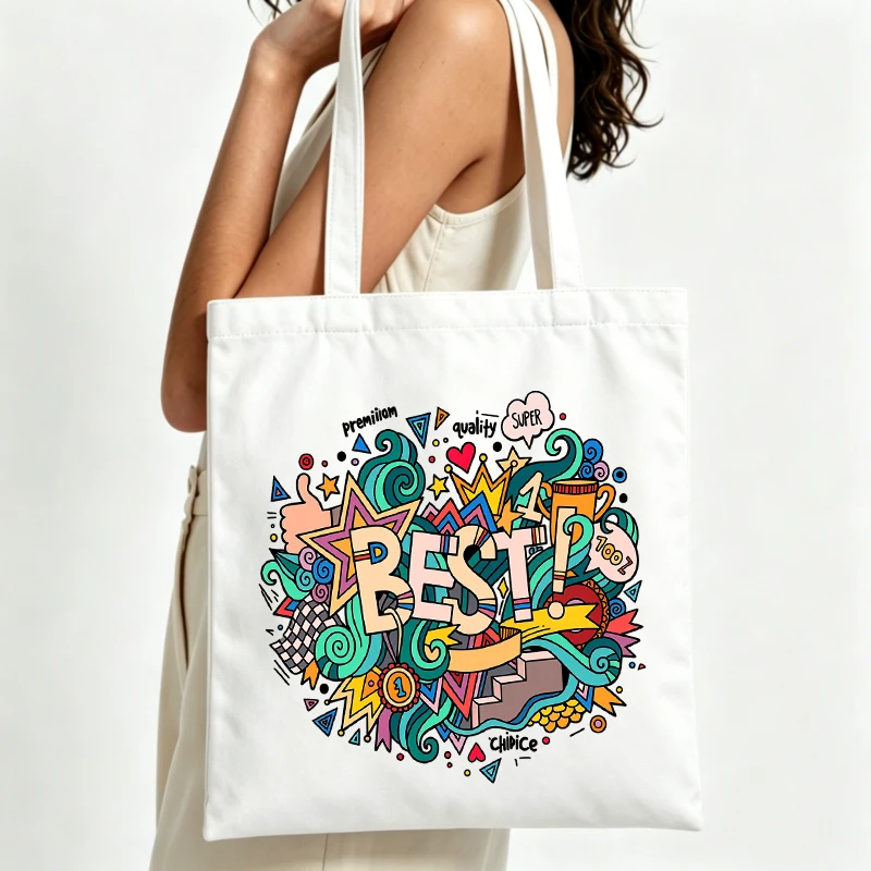 Women's abstract star and typography print canvas tote bag, artistic street-style for daily shopping and casual outings
