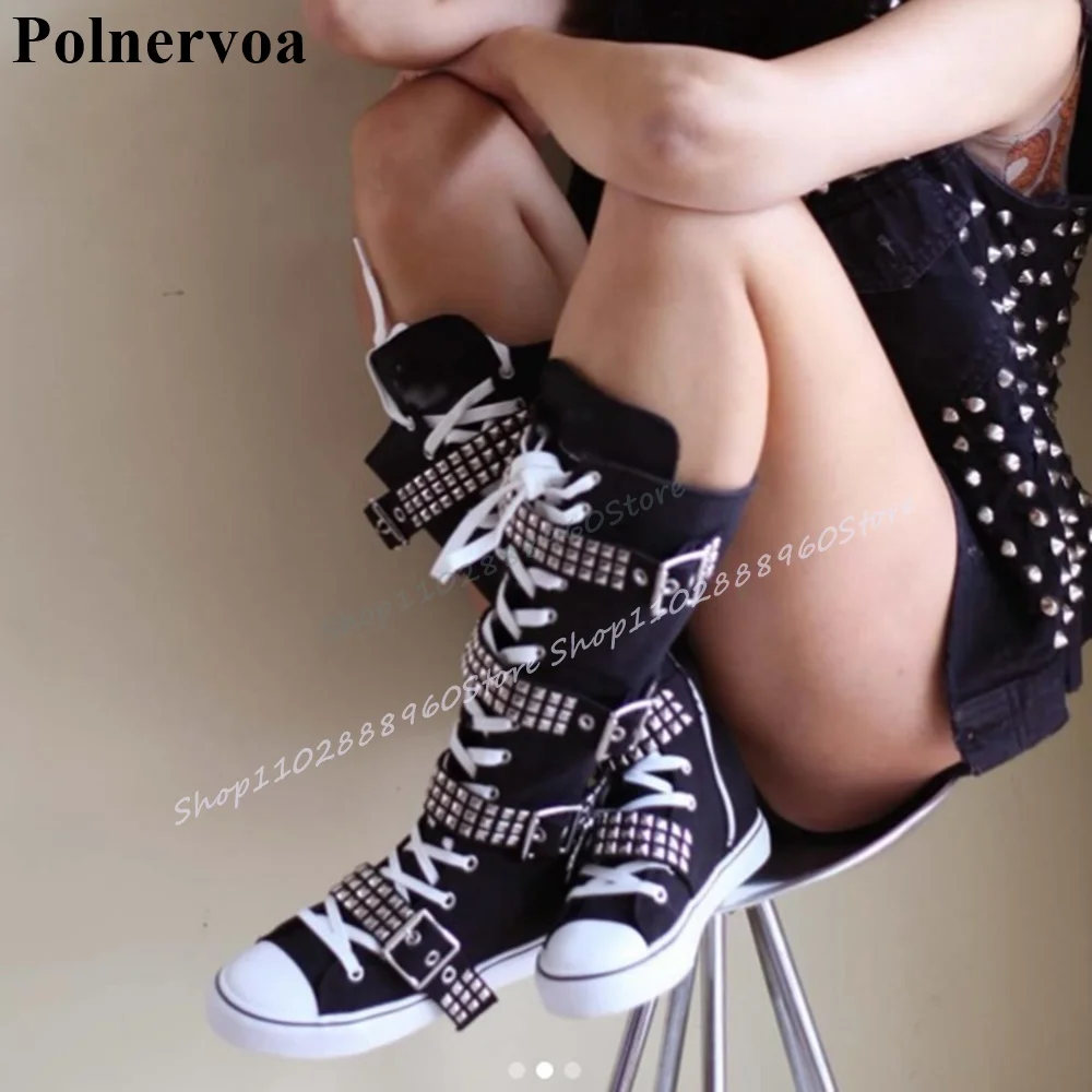 

Mid Calf Black Cross Tied Buckle Strap Canvas Boots Flat With Fashion Shoes For Women Side Zipper Round Toe Stylish Casual Boots