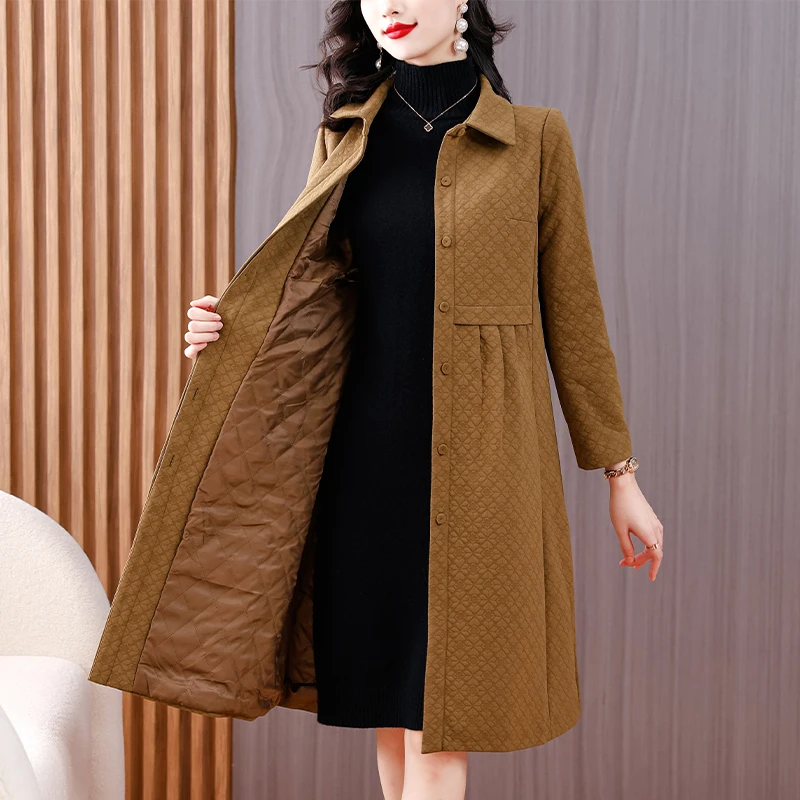 2023 autunno/inverno nuovo colletto Polo coreano Fit giacca a vento cappotto donna marrone Jacquard sciolto taglia sottile cappotto di media