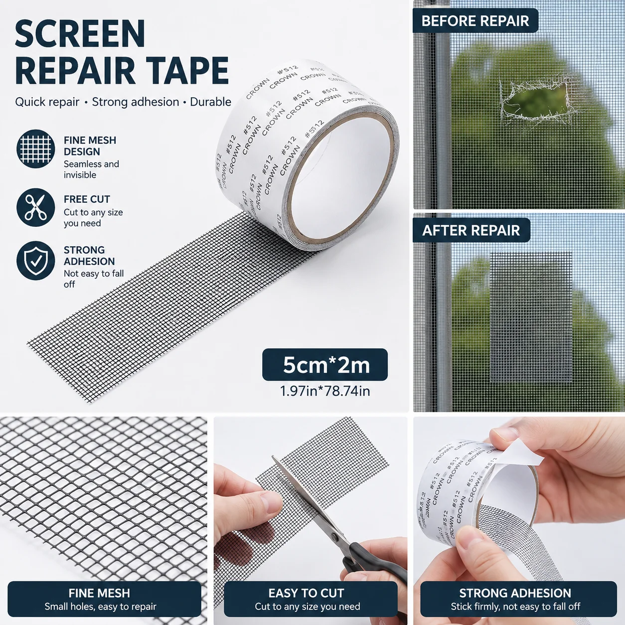 Window Screen Repair Tape 5cm x 2m Self Adhesive Mesh Patch Strong Sticky Fiberglass Screen Repair Kit for Doors Windows Tents
