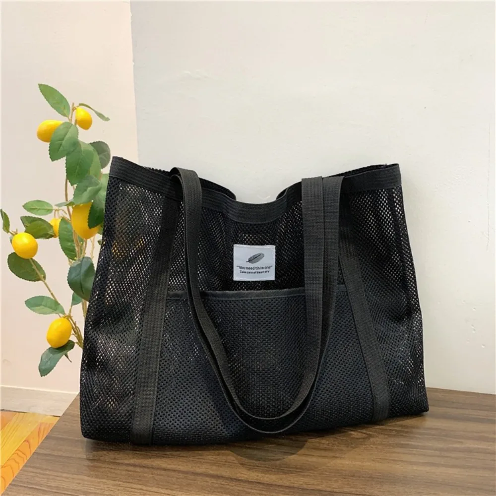 Durable Transparent Mesh Shoulder Bag Mesh Net Casual Travel Beach Bag Shopping Quick Dry Tote Handbag for Women