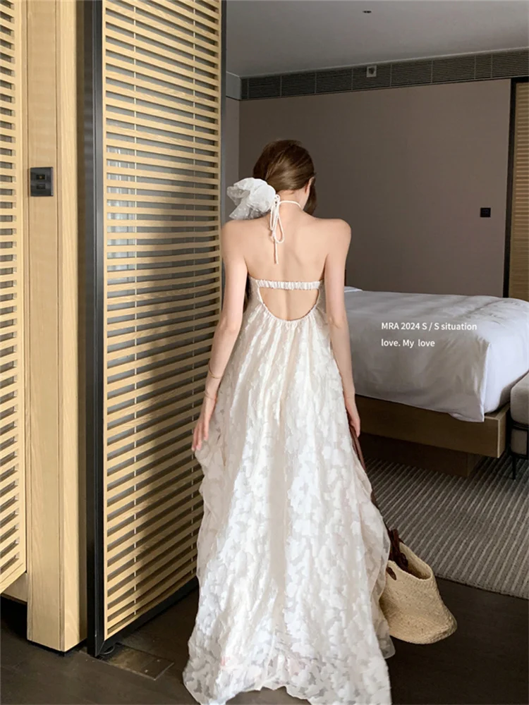 Boho Style Loose Beige Dress Fairy Women Jacquard Halter Beach Dress Summer  Vacation Sexy Backless Long A-line Casual Vestidos - AliExpress 200000345